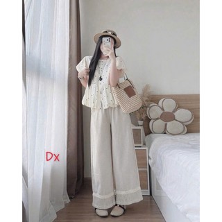 Set bộ thời trang nữ áo babydoll cổ tròn tay bồng xòe nhẹ in bi mix quần ống rộng  có viền ren bản to