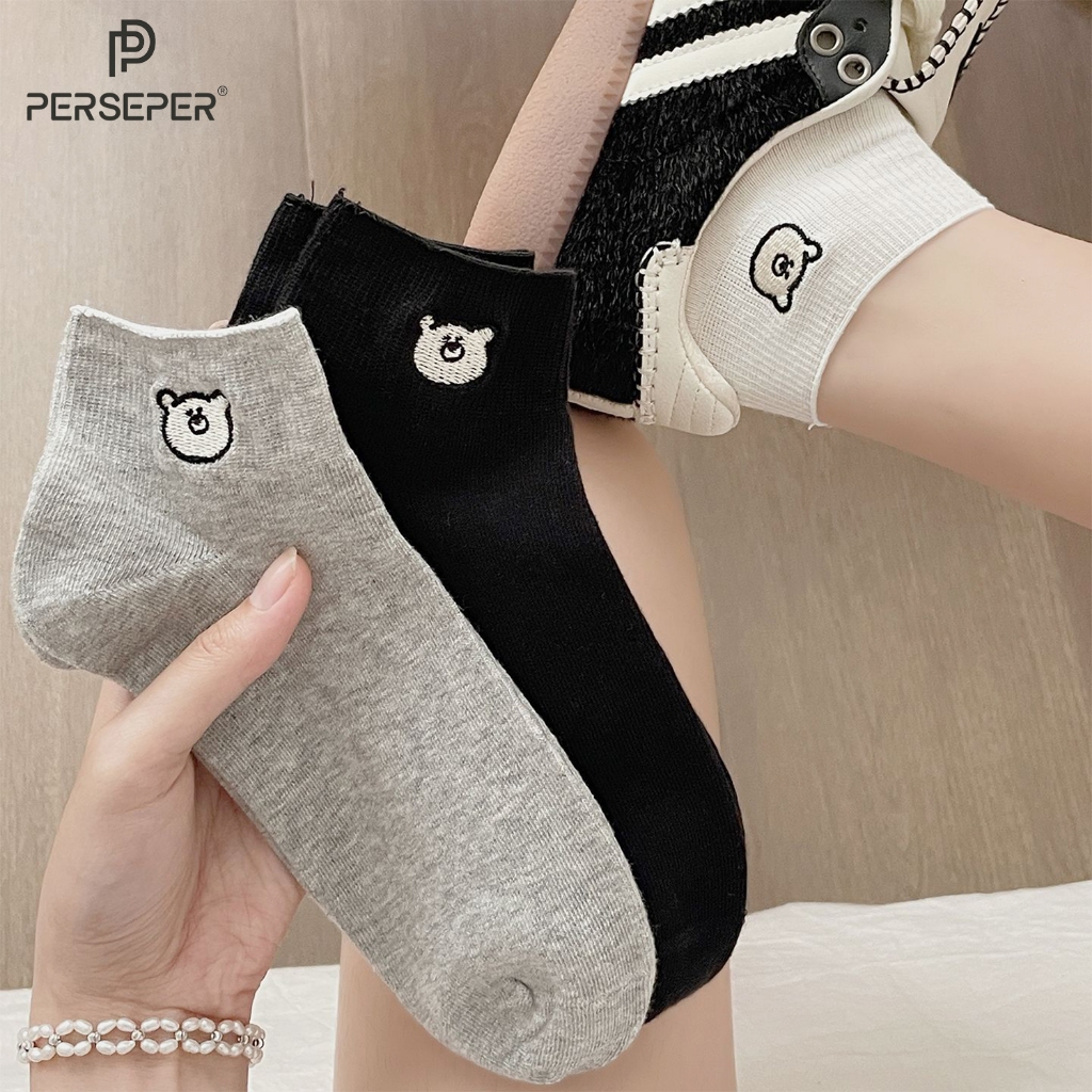 [COMBO 3ĐÔI] Tất vớ nữ cổ ngắn họa tiết gấu tone màu lạnh dễ phối đồ, chất liệu mềm mại - Ekiu Perseper