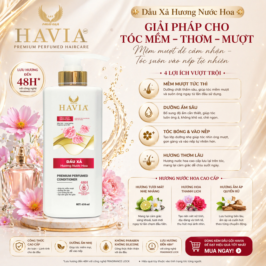 Dầu xả Hương Nước Hoa HAVIA giúp tóc mềm mượt, giảm khô xơ, rối xù, giúp tóc chắc khỏe hơn.