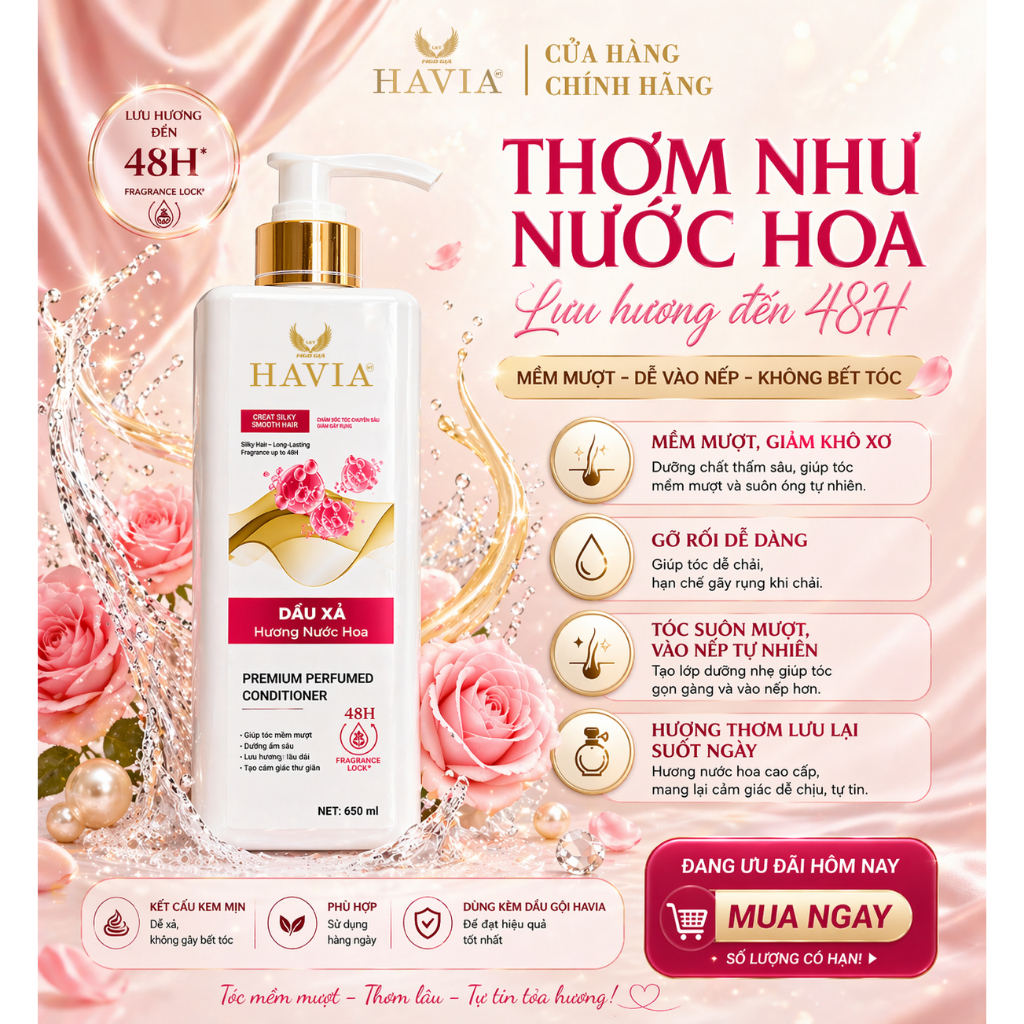 Dầu xả Hương Nước Hoa HAVIA giúp tóc mềm mượt, giảm khô xơ, rối xù, giúp tóc chắc khỏe hơn.