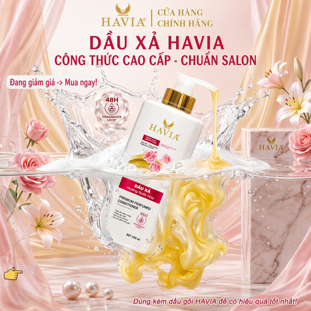 Dầu xả Hương Nước Hoa HAVIA giúp tóc mềm mượt, giảm khô xơ, rối xù, giúp tóc chắc khỏe hơn.