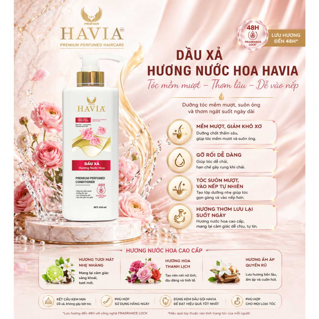 Dầu xả Hương Nước Hoa HAVIA giúp tóc mềm mượt, giảm khô xơ, rối xù, giúp tóc chắc khỏe hơn.