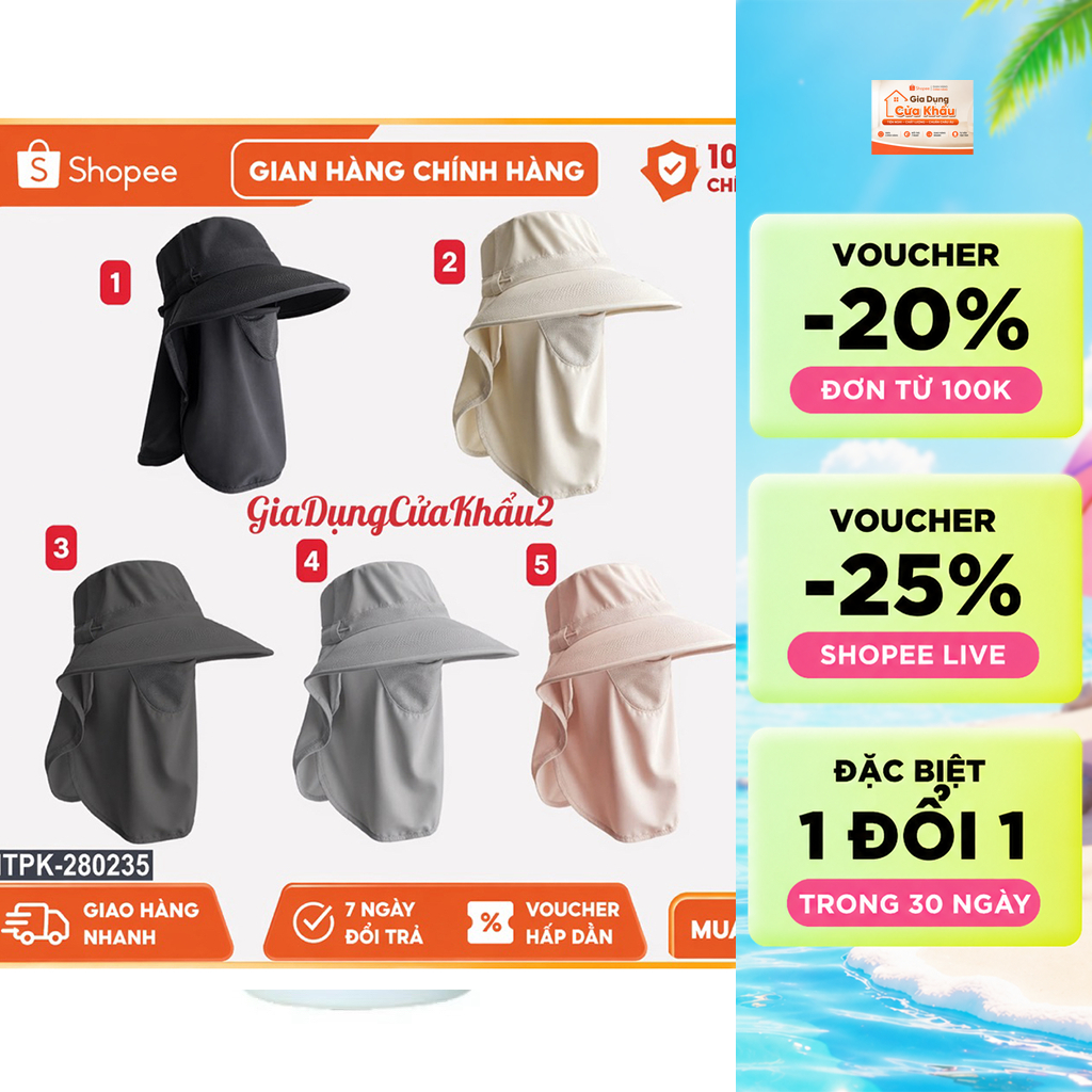 Mũ Chống Nắng Full Mặt UPF50+ Có Khăn Che Cổ, Nón Rộng Vành Chống UV, Thoáng Khí, Unisex Nam Nữ