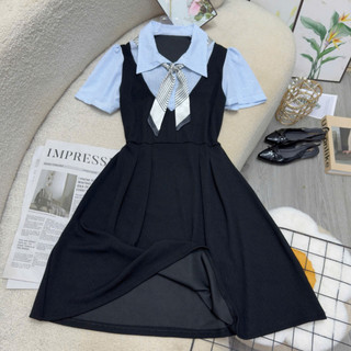 Đầm Thiết Kế Cổ Đức Bigsize Nữ Phối Khăn Lụa May Liền Dáng Váy Xòe Nhẹ Phong Cách Công Sở A690+A691
