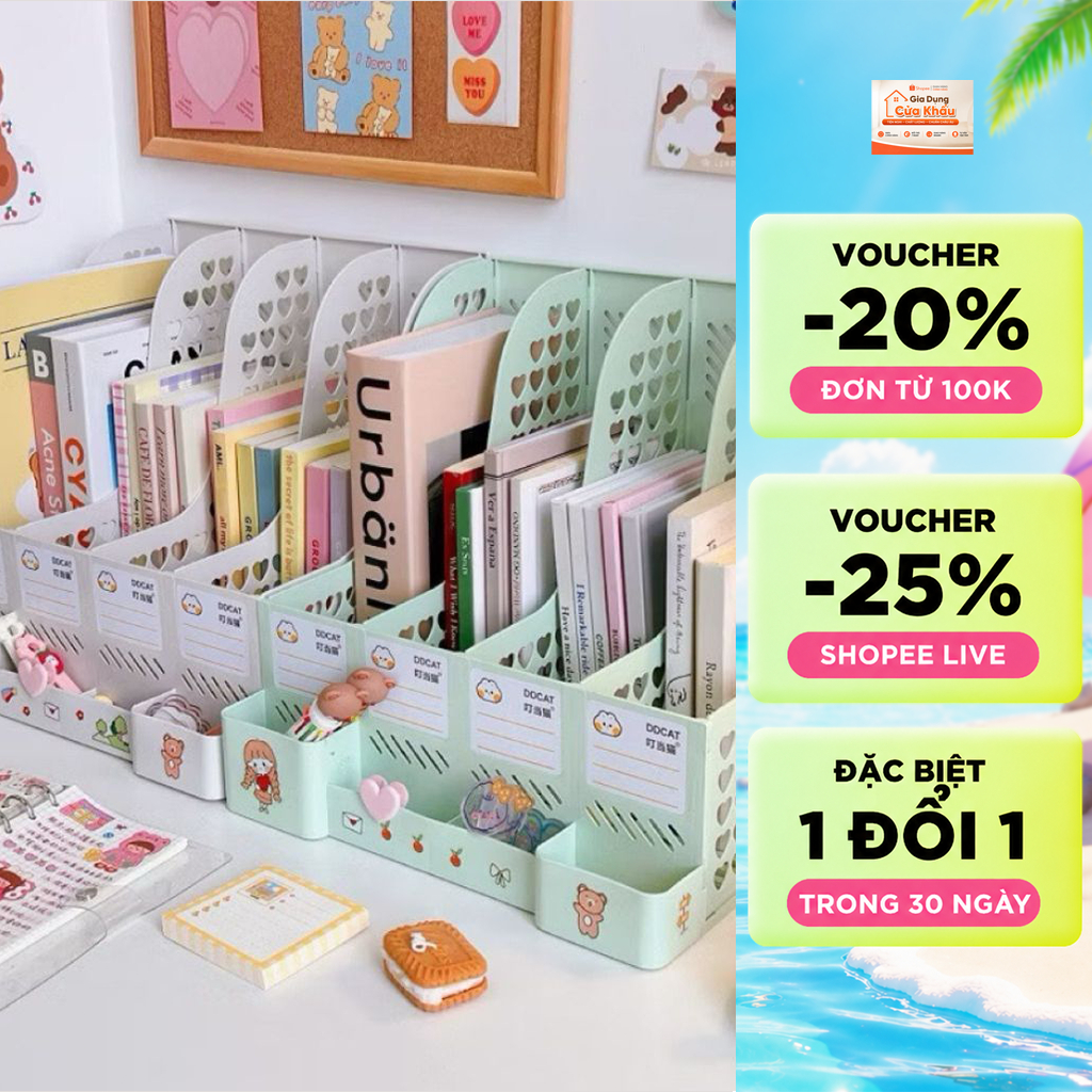 [Tặng Sticker] Giá Để Tài Liệu,  4 Ngăn, 2 tầng. Kệ Nhựa Đựng Sách Decor Bàn Học. Đựng bút
