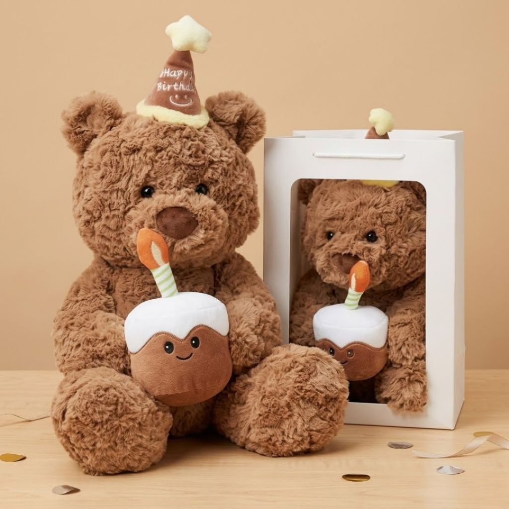 Gấu Bông Sinh Nhật Teddy Ôm Bánh Kem Đội Mũ Dễ Thương, Quà Tặng Sinh Nhật Gấu Bông Cho Người Thân,Người Yêu