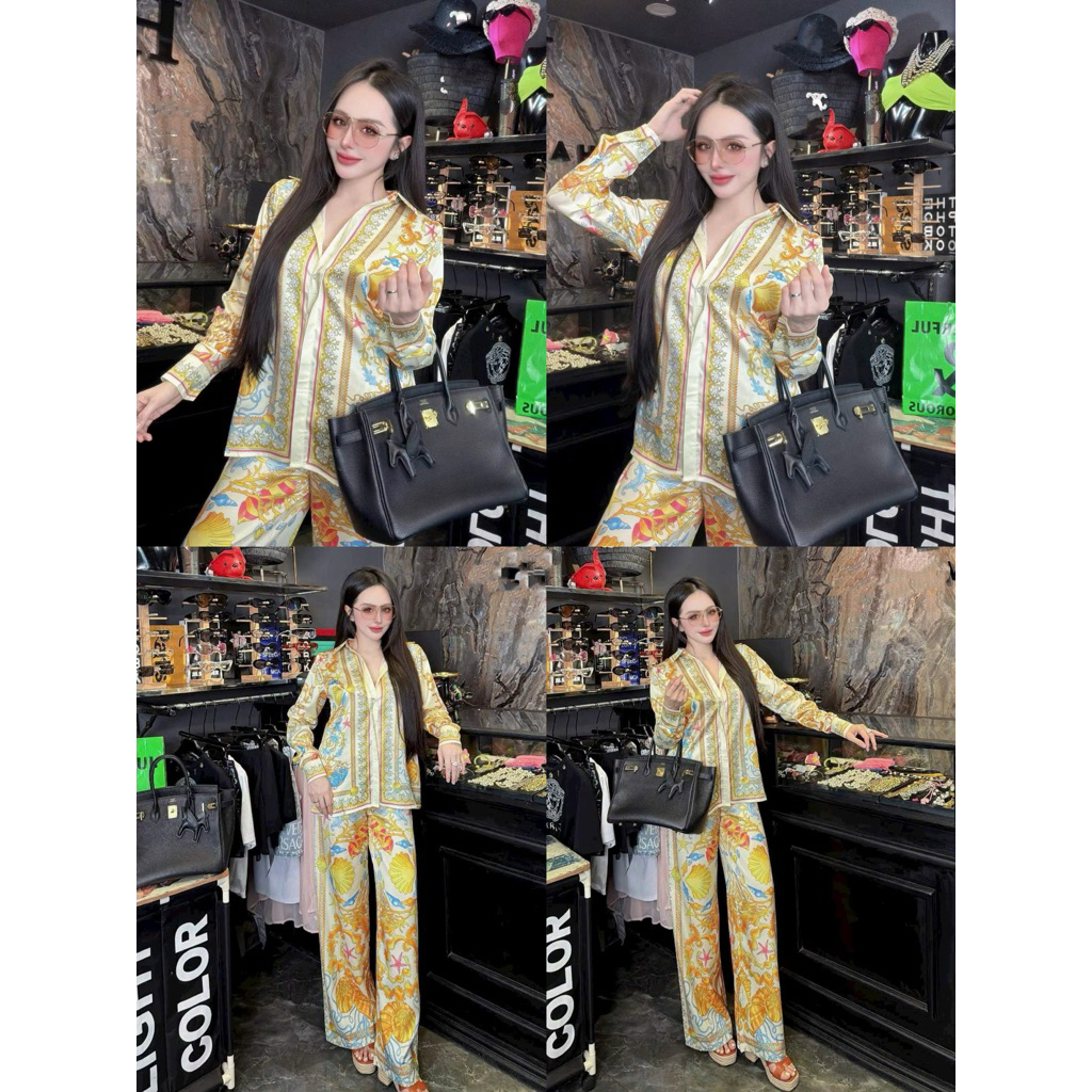 Set áo sơ mi và quần lụa Versace hoạ tiết hè