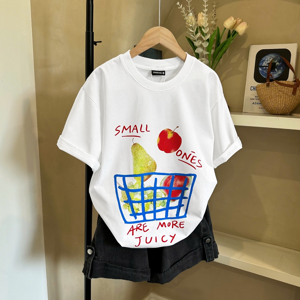 Áo Thun Phối Giỏ Trái Cây Xinh Yêu, Chất Cotton Thoáng Mát, Có Kèm Hình Thật.