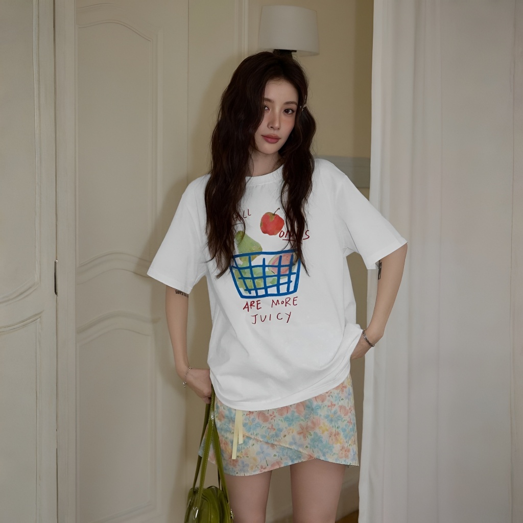 Áo Thun Phối Giỏ Trái Cây Xinh Yêu, Chất Cotton Thoáng Mát, Có Kèm Hình Thật.