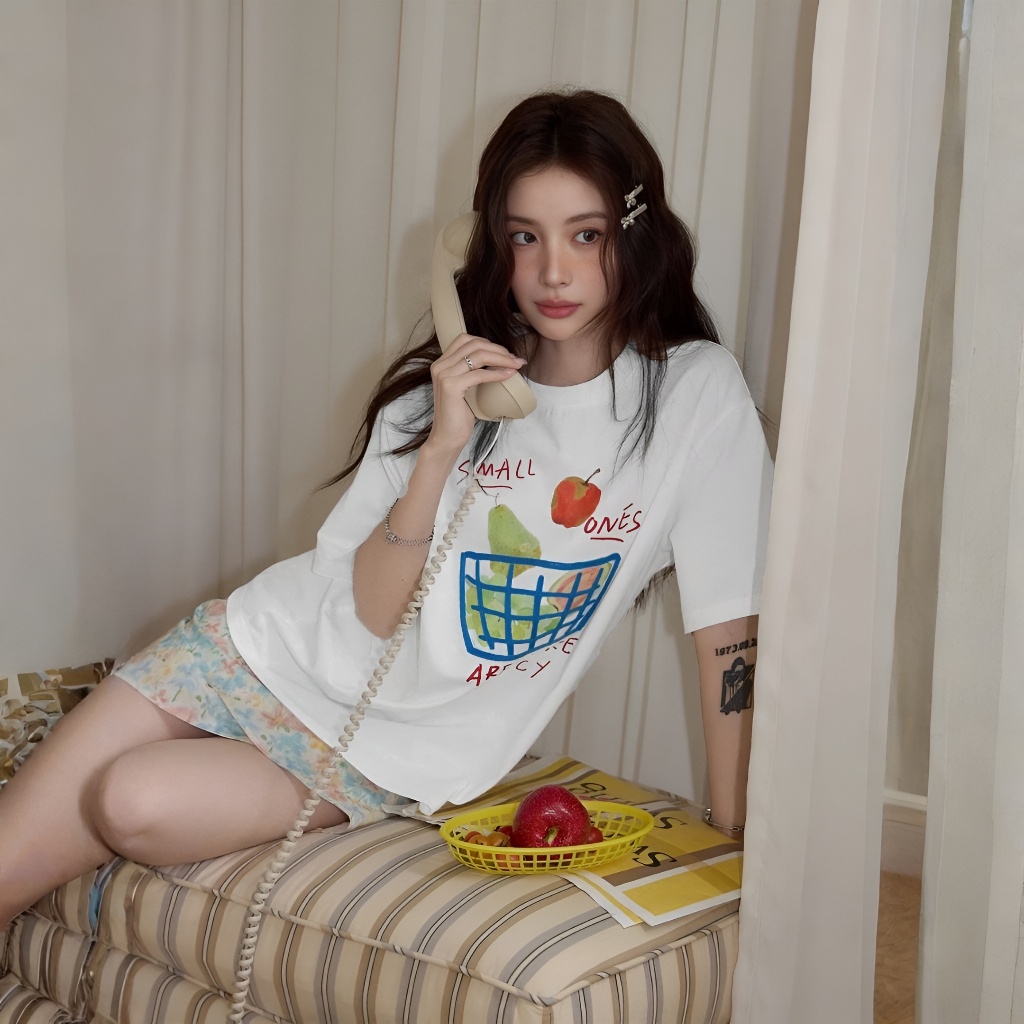 Áo Thun Phối Giỏ Trái Cây Xinh Yêu, Chất Cotton Thoáng Mát, Có Kèm Hình Thật.