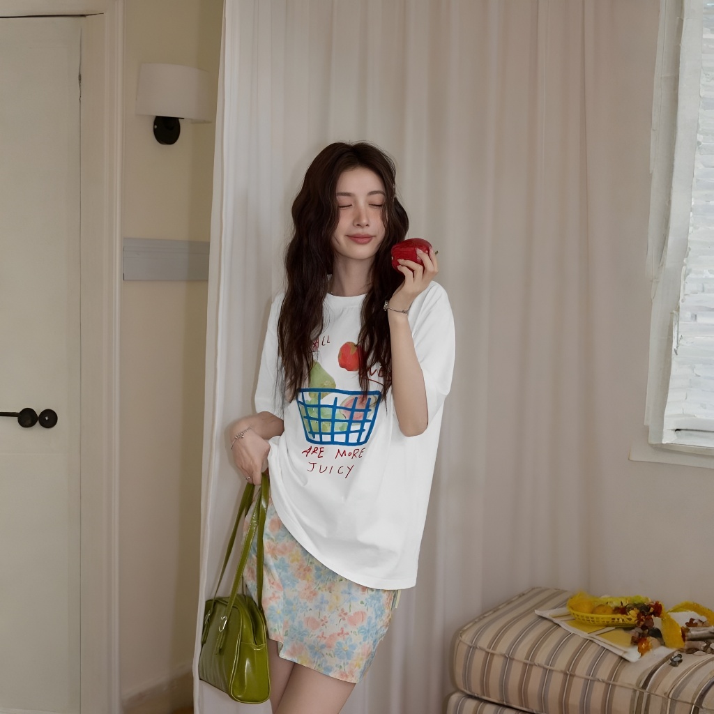 Áo Thun Phối Giỏ Trái Cây Xinh Yêu, Chất Cotton Thoáng Mát, Có Kèm Hình Thật.