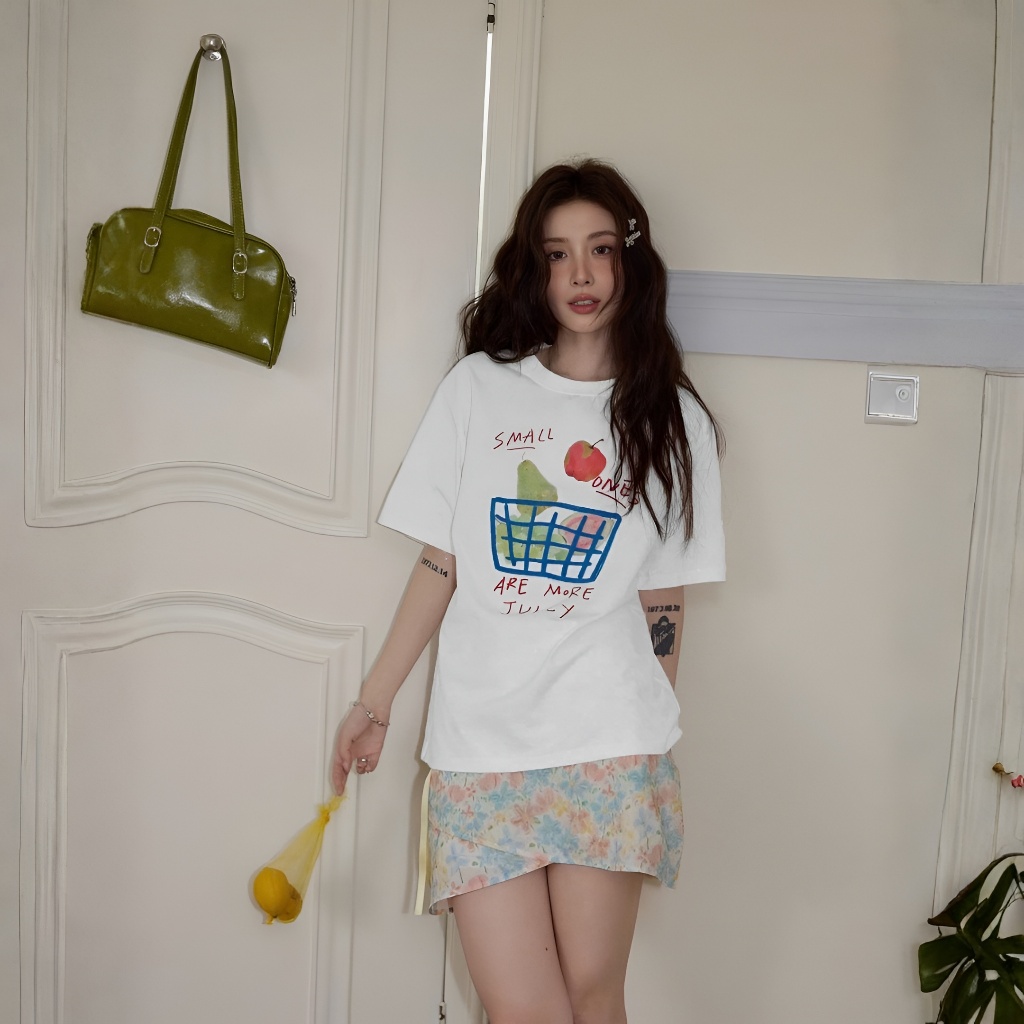 Áo Thun Phối Giỏ Trái Cây Xinh Yêu, Chất Cotton Thoáng Mát, Có Kèm Hình Thật.