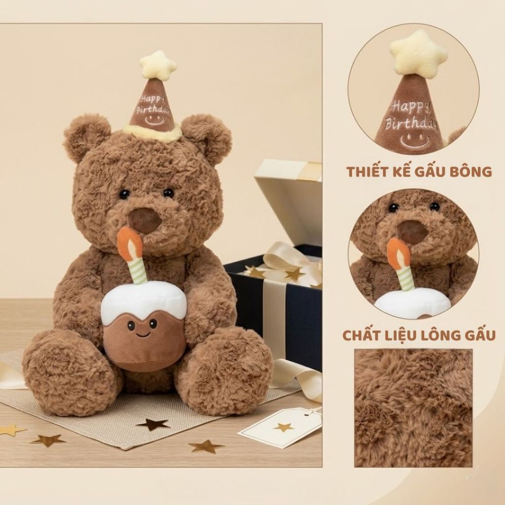 Gấu Bông Sinh Nhật Teddy Ôm Bánh Kem Đội Mũ Dễ Thương, Quà Tặng Sinh Nhật Gấu Bông Cho Người Thân,Người Yêu