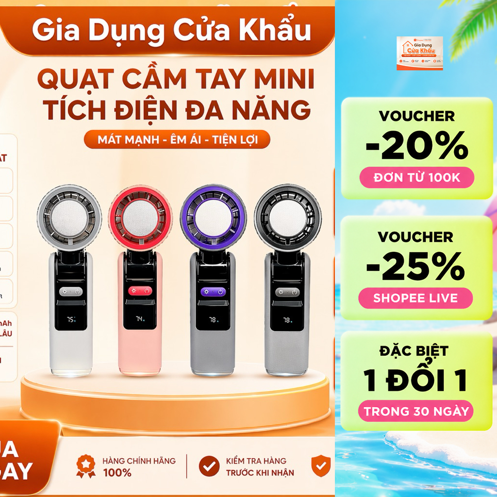 👉 Quạt Cầm Tay Mini Tích Điện Siêu Mát 5 Cấp Độ Gió Màn Hình LED Pin 3000mAh Sạc USB