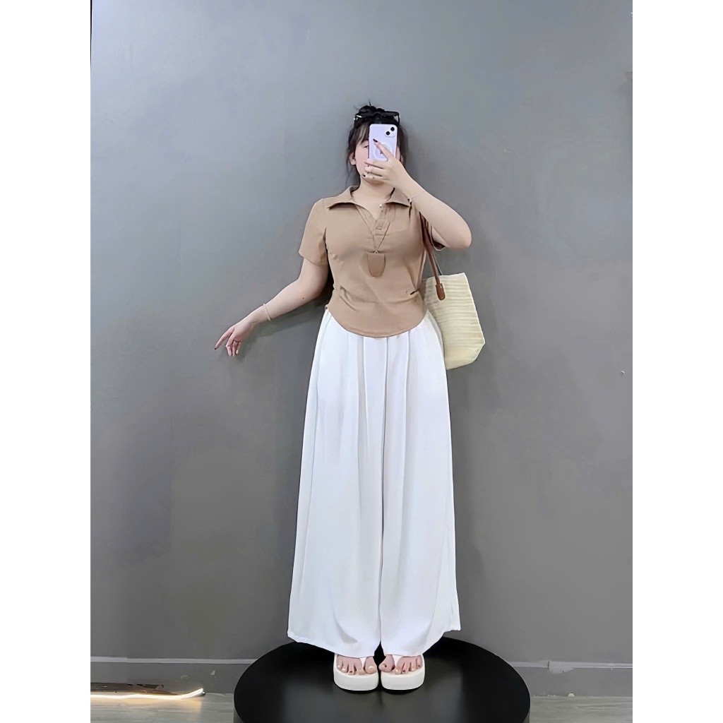 Áo Thun Kiểu Cổ Bẻ Bigsize Nữ Gân Tăm Kèm Quần Dài Ống Rộng Nhẹ Mát Thoải Mái G120+Q564