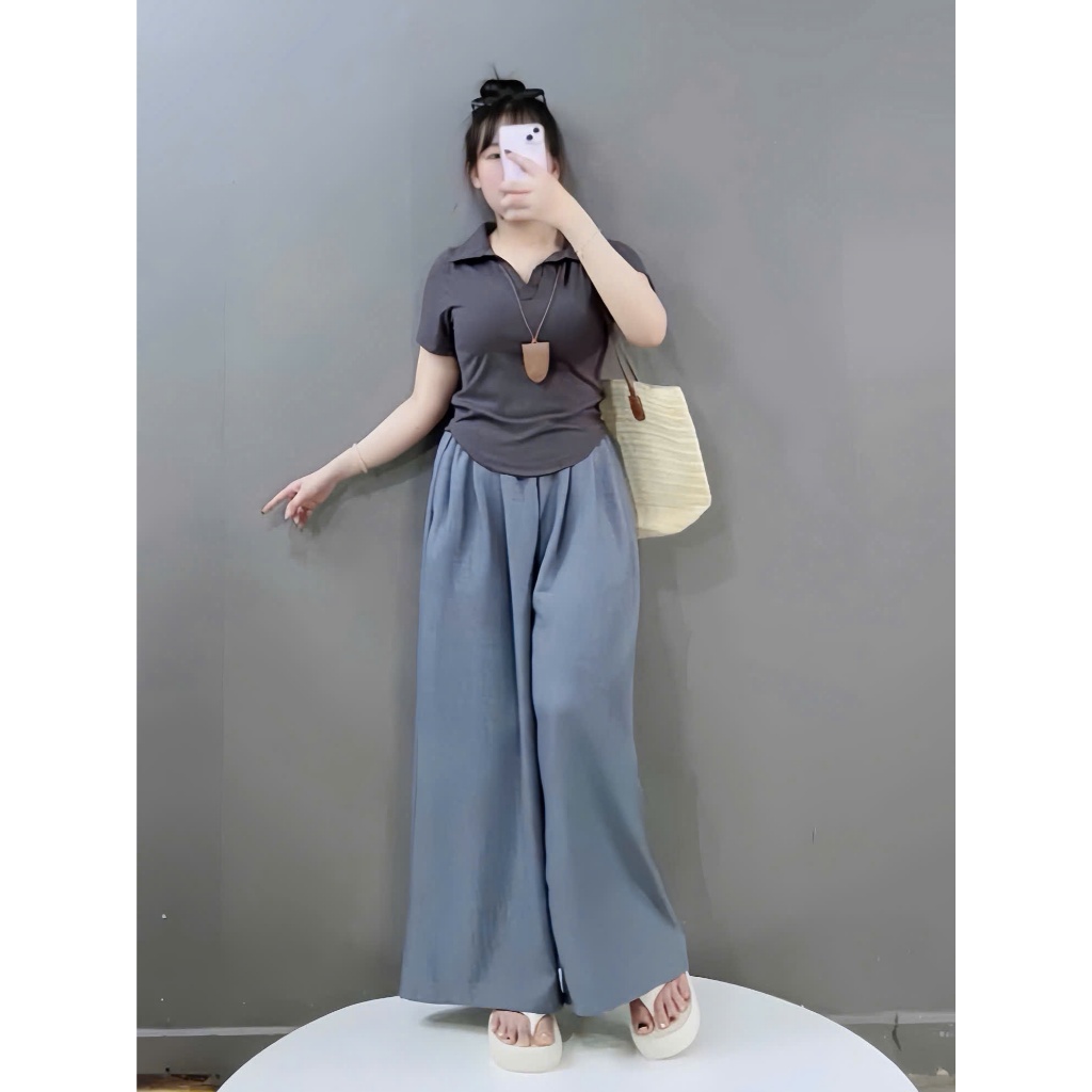 Áo Thun Kiểu Cổ Bẻ Bigsize Nữ Gân Tăm Kèm Quần Dài Ống Rộng Nhẹ Mát Thoải Mái G120+Q564