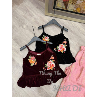 Áo hai dây nhung the thêu hoa hồng bèo gấu