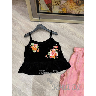Áo hai dây nhung the thêu hoa hồng bèo gấu