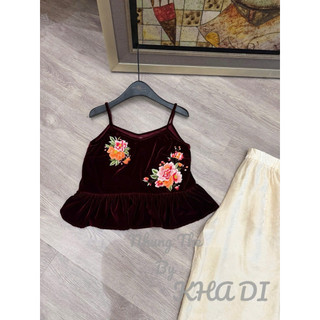 Áo hai dây nhung the thêu hoa hồng bèo gấu
