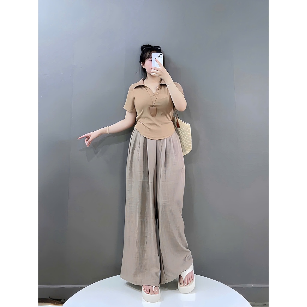 Áo Thun Kiểu Cổ Bẻ Bigsize Nữ Gân Tăm Kèm Quần Dài Ống Rộng Nhẹ Mát Thoải Mái G120+Q564