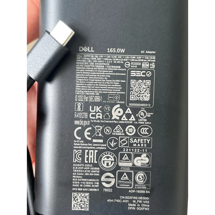 Sạc Laptop Dell 165W TYPE C - USB C Precision 5550 5560 5540 5530 Dell XPS 15 17 Hàng cũ , zin theo máy - Chính Hãng