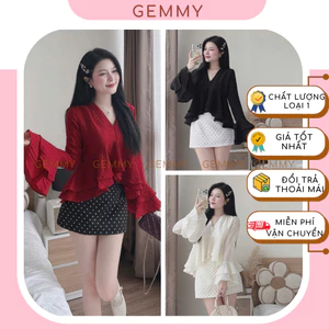 Set tiểu thư Áo babydoll cổ V và Chân Váy chữ A chấm bi có quần đùi, Áo cotton đũi tay loe bèo-GEMMY