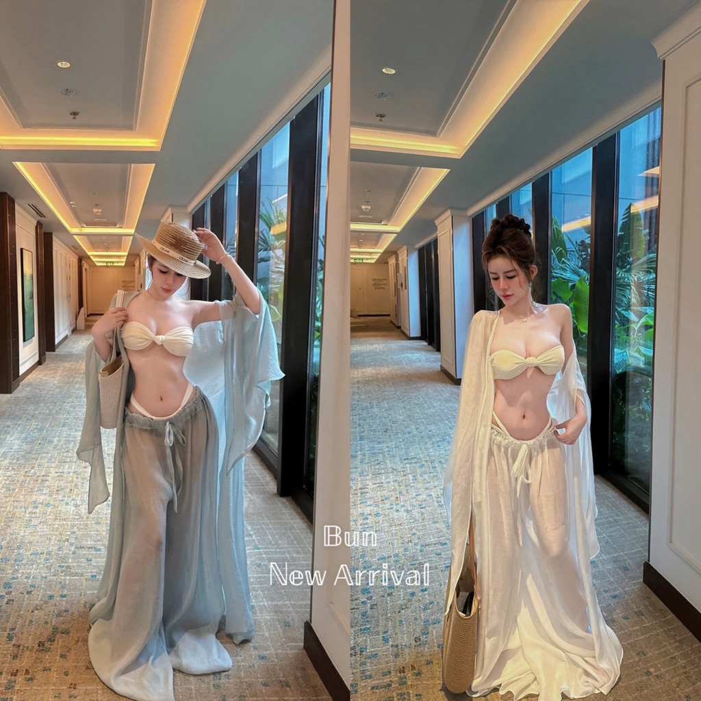 Set bikini quần tơ áo choàng 4 món