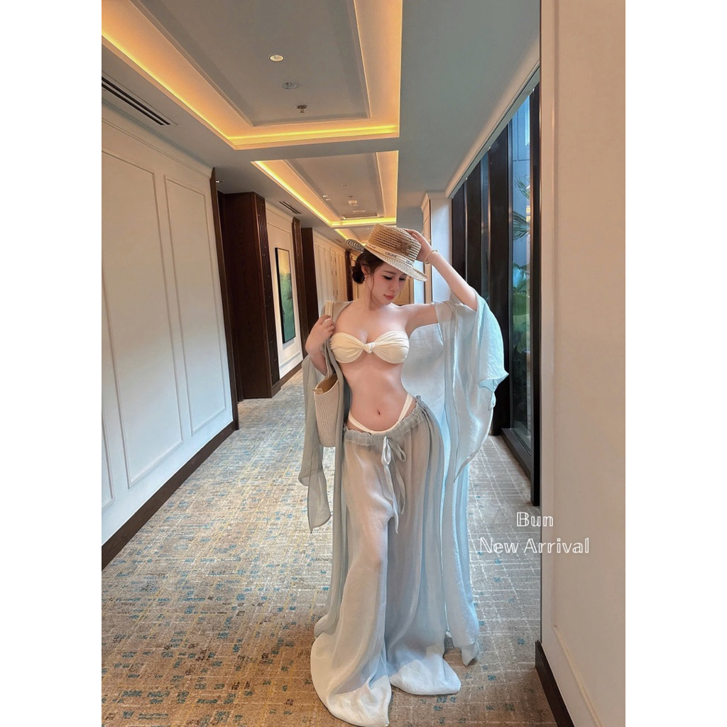 Set bikini quần tơ áo choàng 4 món