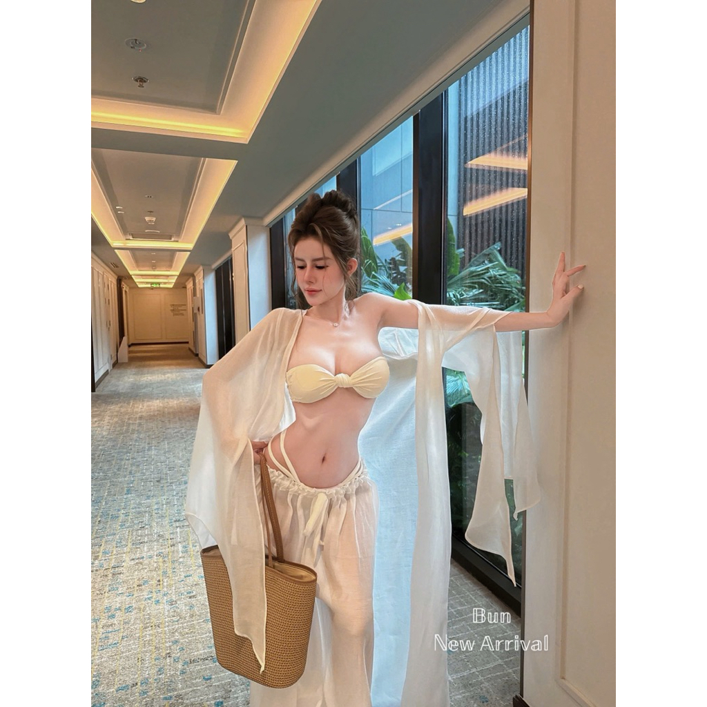 Set bikini quần tơ áo choàng 4 món