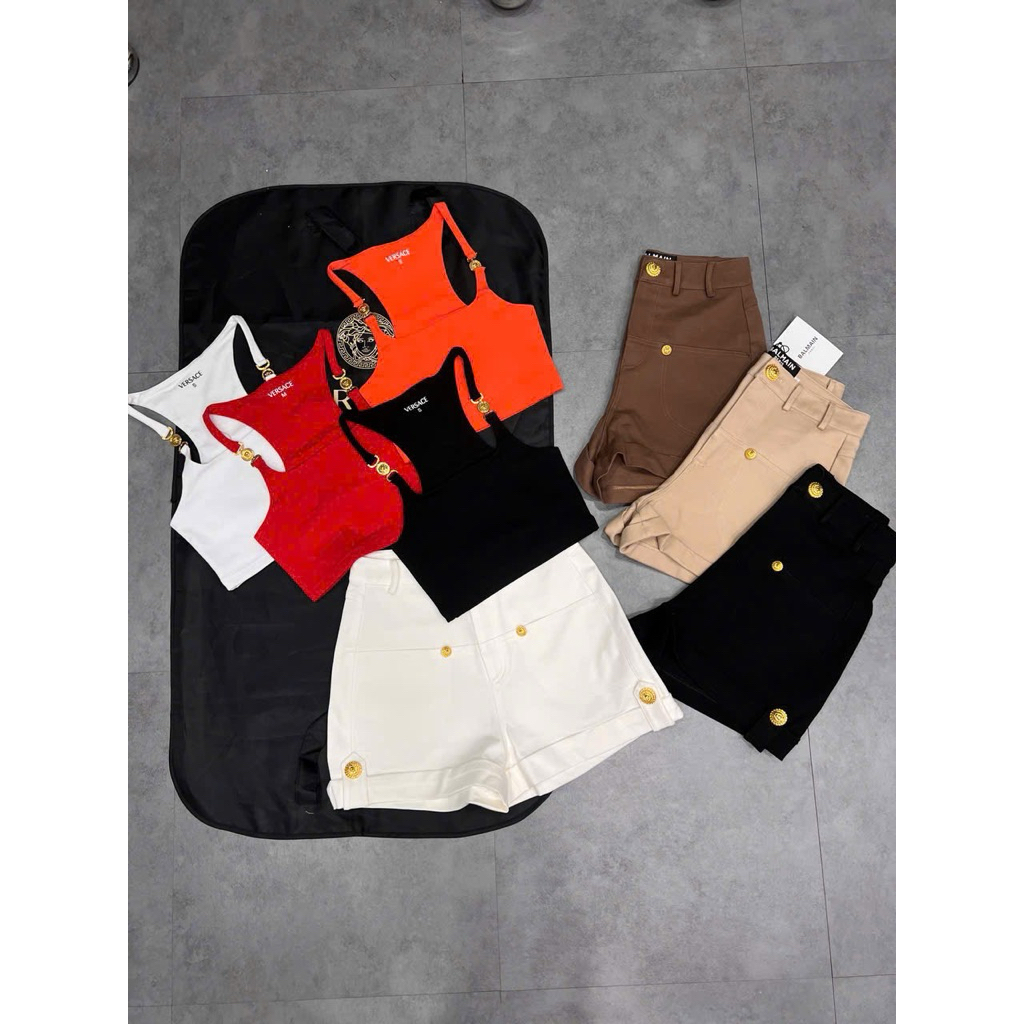 set áo hai dây croptop và short thun nút ngắn