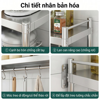 Kệ inox Cao cấp Treo tường Kệ lò vi sóng 2 tầng Có thể chịu tải 200kg Kệ để đồ nhà bếp inox