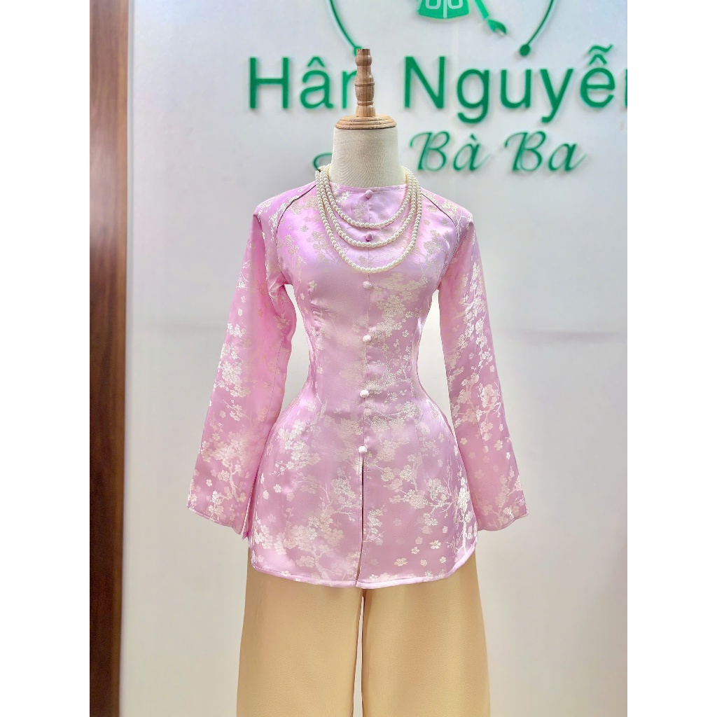 Hân Nguyễn Áo Bà Ba - B.A178 - Áo Bà Ba Tơ Tằm Dáng Dài Dệt Kim Cổ Tròn Nút Nụ Dây Kéo ( QUẦN NGỌC TRAI )