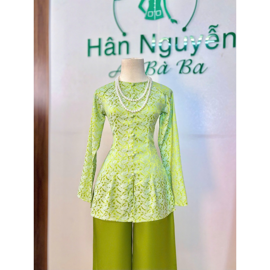 Hân Nguyễn Áo Bà Ba - B.A178 - Áo Bà Ba Tơ Tằm Dáng Dài Dệt Kim Cổ Tròn Nút Nụ Dây Kéo ( QUẦN NGỌC TRAI )