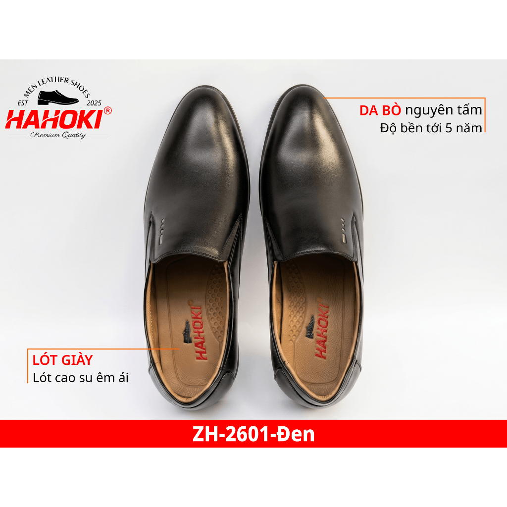 Giày Tây Nam ZH-2601 HAHOKI- Da Bò Nguyên Tấm - Đế Cao Su Đúc Nguyên Khối - Màu Đen - Size 38,39,40,41,42,43