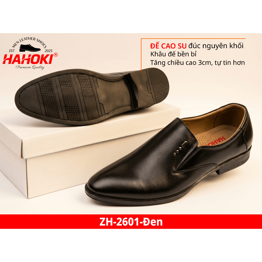 Giày Tây Nam ZH-2601 HAHOKI- Da Bò Nguyên Tấm - Đế Cao Su Đúc Nguyên Khối - Màu Đen - Size 38,39,40,41,42,43