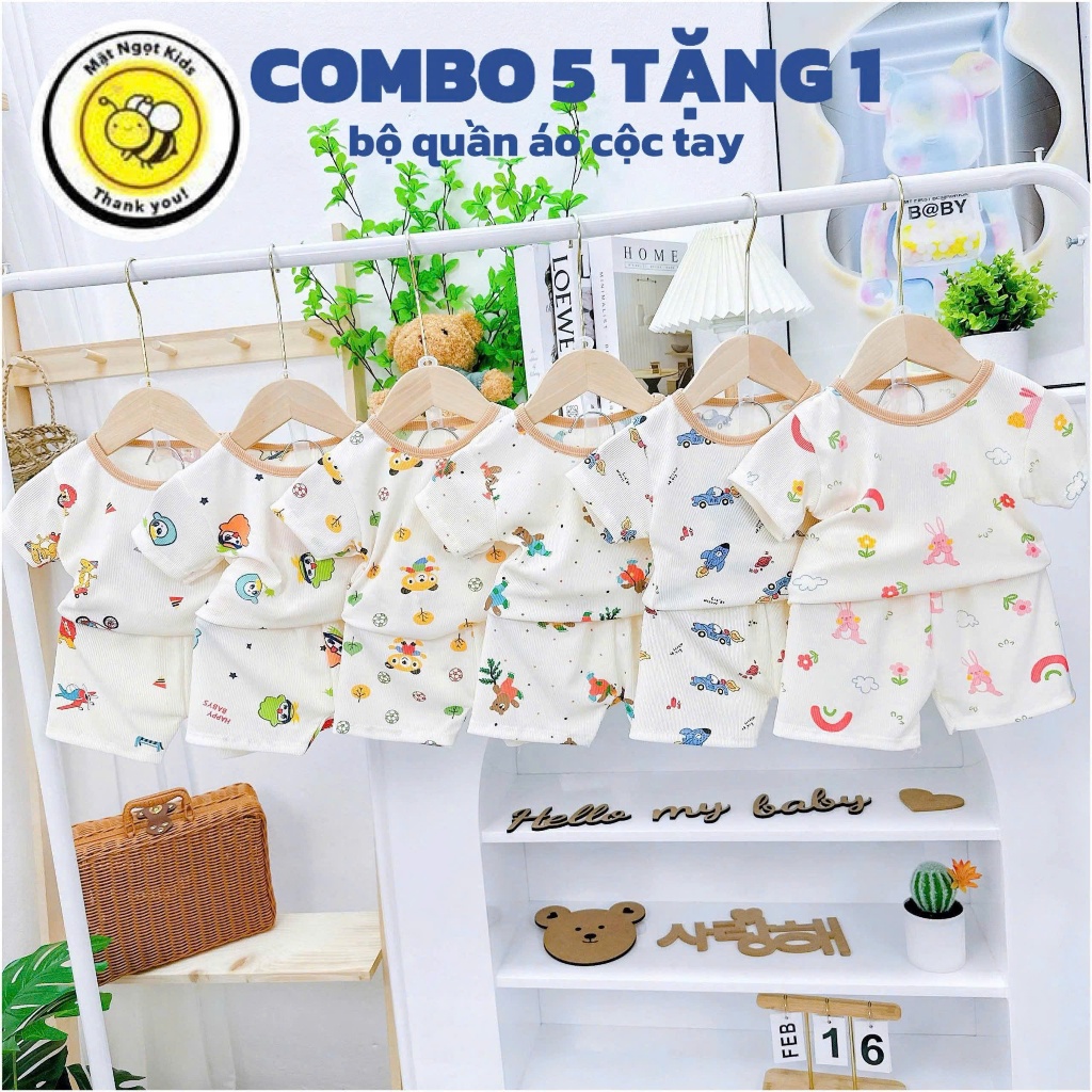 Combo 5 Bộ (Tặng 1 Bộ) cộc tay cho bé gái bé trai thun tăm lạnh màu trắng kem 3-15kg (5 họa tiết khác nhau)