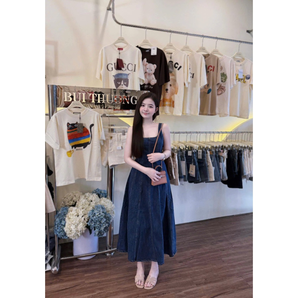 ZIMM STORE-Váy jean sát nách màu xanh đậm basic phong cách tối giản