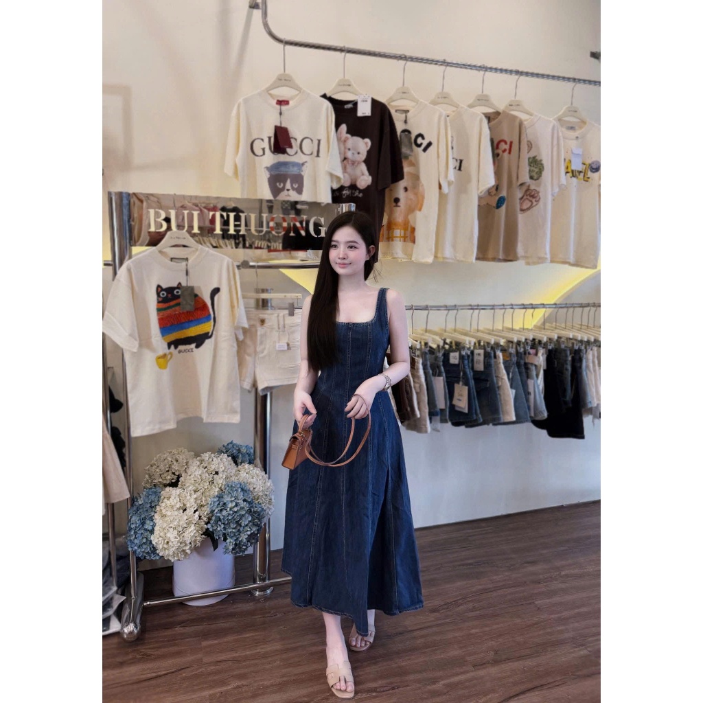 ZIMM STORE-Váy jean sát nách màu xanh đậm basic phong cách tối giản