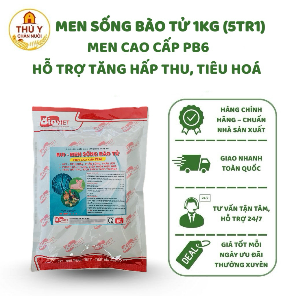 Bio - Men Sống Bào Tử Men Cao Cấp PB6 1Kg (5Tr1) Hỗ Trợ Tiêu Hoá, Tăng Hấp Thu Cho Gà, Vịt, Heo