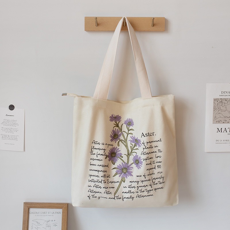 Túi vải đeo vai họa tiết hoa xinh xắn - túi tote canvas có khóa kéo thời trang dễ thương tota0313