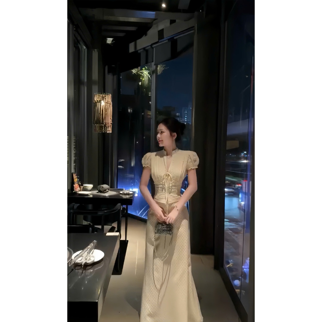 ZIMM STORE-Váy voan chấm bi dài tay phồng cổ tàu phối cúc ngực thời trang