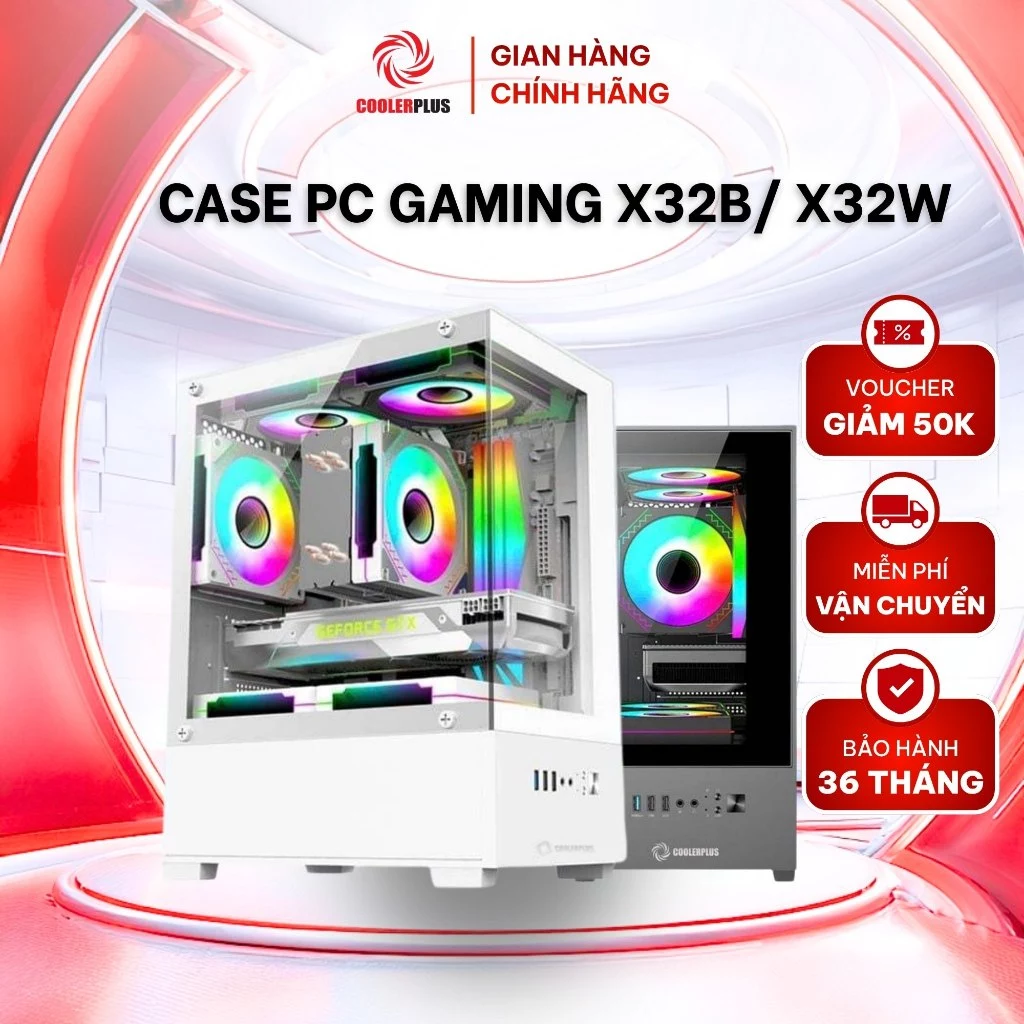 Case PC Bể Cá CoolerPlus X32B/X32W – Kính Cường Lực, Khung Nhôm, VGA 280mm, CPU 160mm, Case Gaming Đẹp