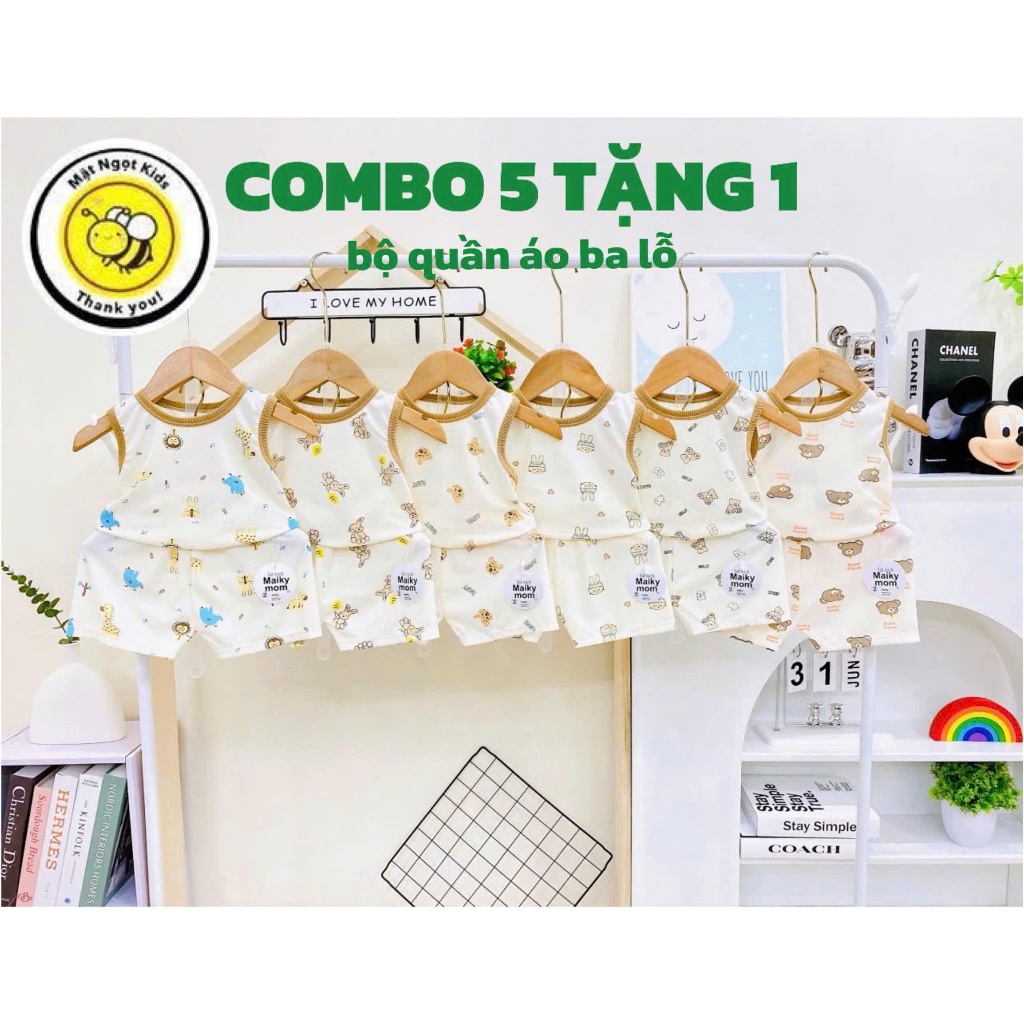 [MS21] Combo 5 Bộ(Tặng 1 Bộ) Ba Lỗ Thun Tăm Lạnh Cho Bé Gái Bé Trai Màu Trắng Kem In Hình Đáng Yêu 3-15Kg