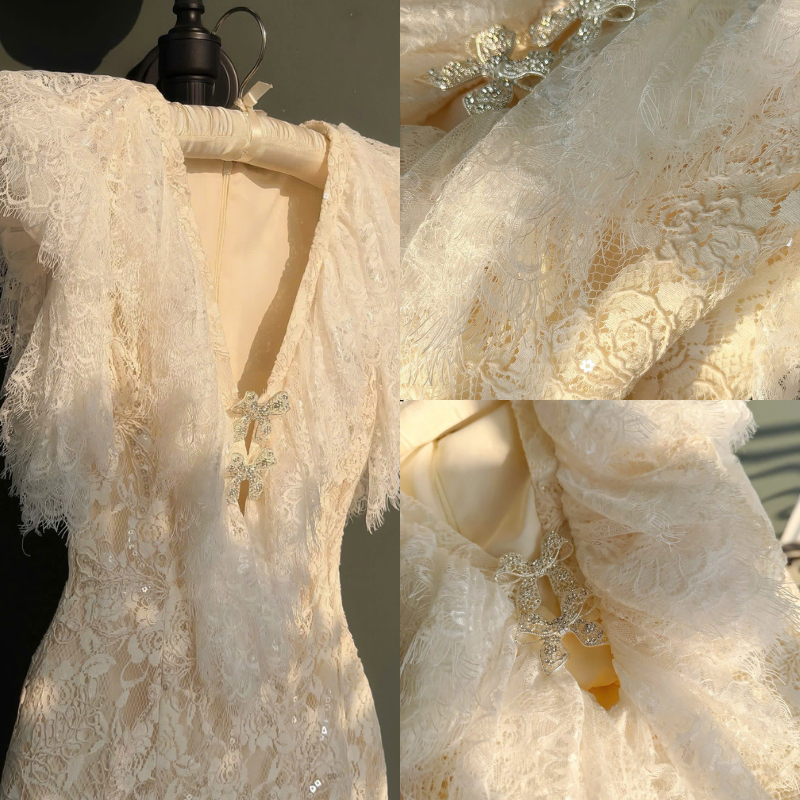 NH CLOTHER -Đầm ren trắng tiểu thư thiết kế lông vũ ở ngực cực chảnh cho nàng