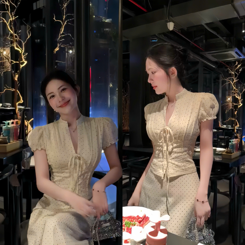 NH CLOTHER -Đầm dự tiệc cổ tàu kín đáo phối dây buộc nơ eo họa tiết chấm bi