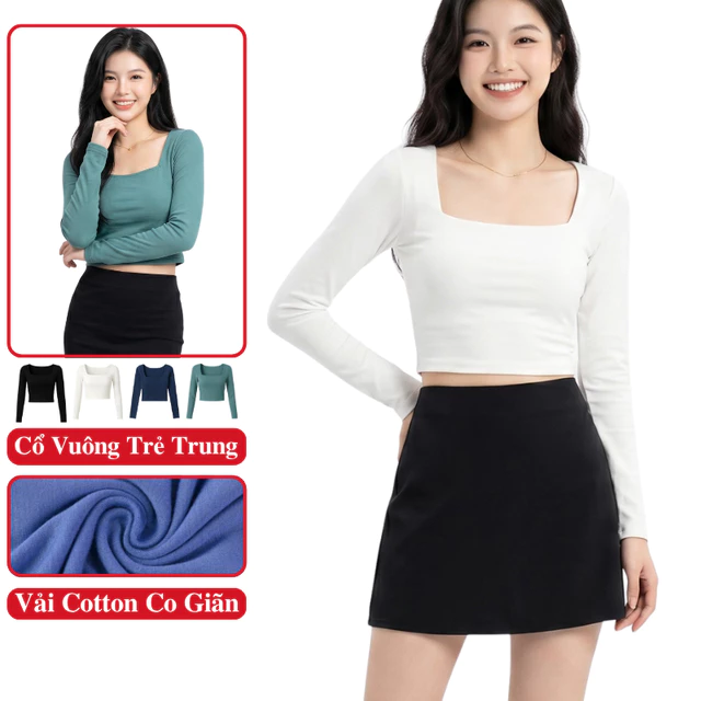 Áo Thun Cổ Vuông Nữ Tay Dài Madela Form Croptop Ôm Body, Áo Croptop Nữ Dài Tay Cổ Vuông.