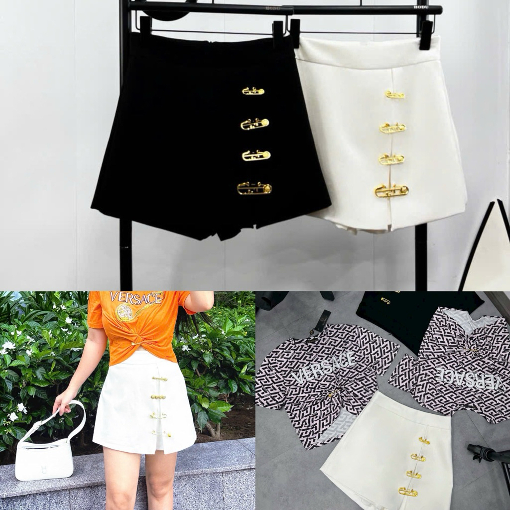 Váy quần ngắn ghim băng đen trắng Versace mix áo croptop