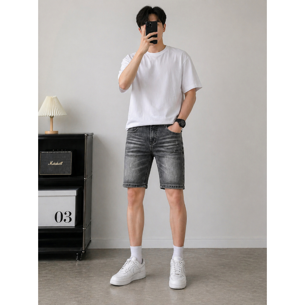 Quần Short Jean Nam Xám Co Giãn, Vải Denim Cotton Cao Cấp, Form Đẹp Dễ Phối Đồ