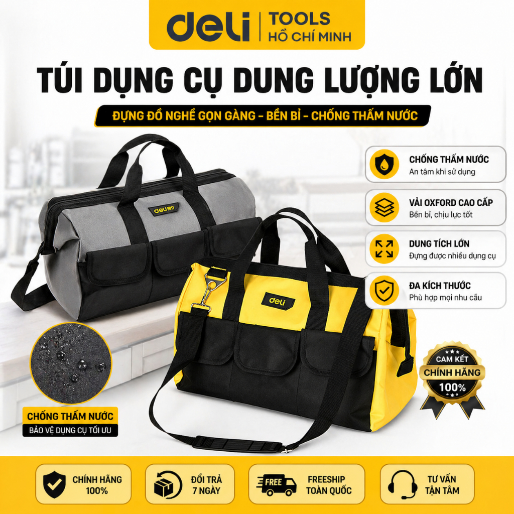 Túi Đựng Đồ Nghề Dụng Cụ Sửa Chữa Deli Chất Liệu Vải Oxford Chống Thấm Nước Thiết Kế Nhiều Ngăn