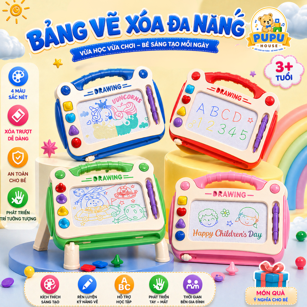 Bảng vẽ tự xóa có chân thông minh cho bé, bảng từ tính tập viết, tập vẽ cho bé, bảng vẽ điện tử - PUPU HOUSE